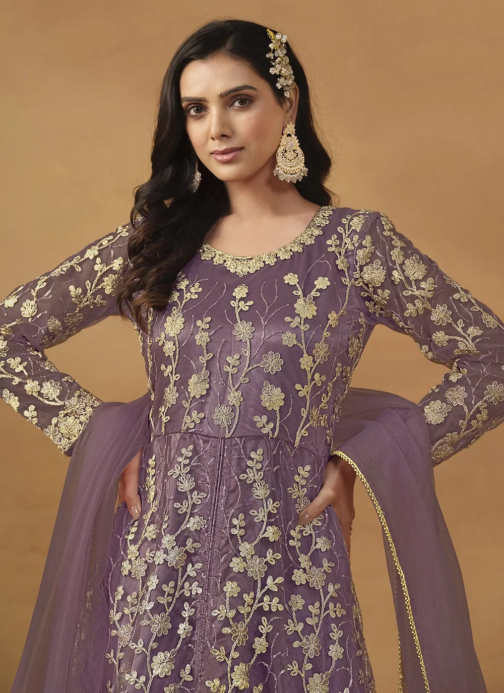 Purple net embroidered anarkali suit