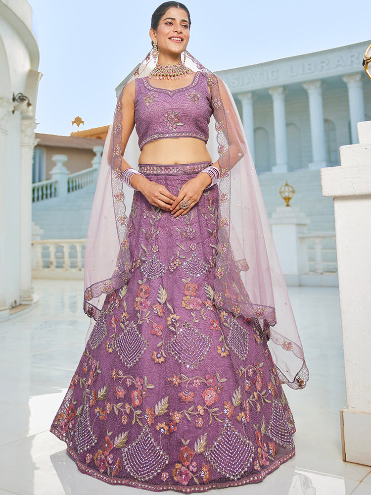 Purple net with Coding & Zarkan embroidery Semi-Stitched Lehenga choli & Dupatta