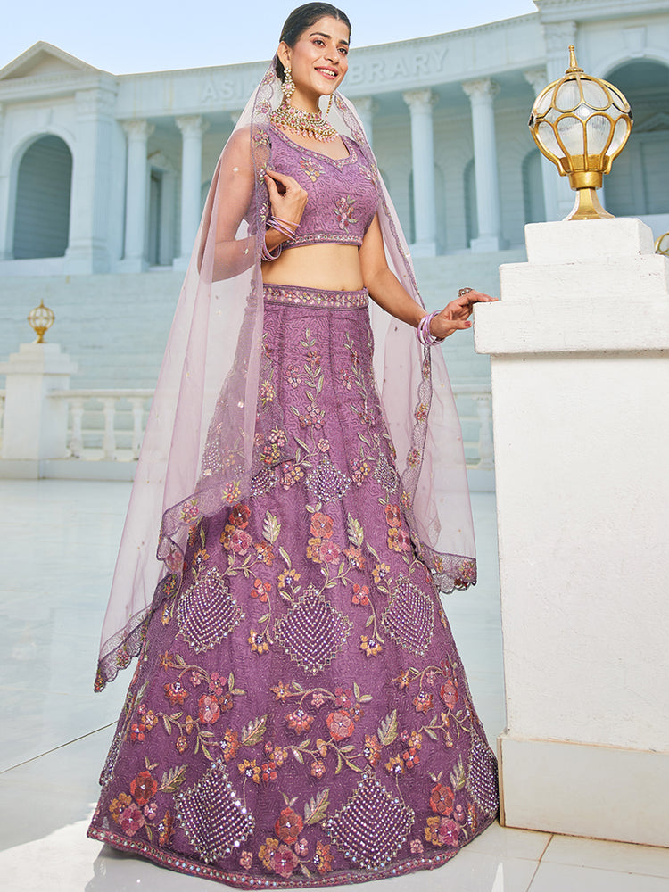 Purple net with Coding & Zarkan embroidery Semi-Stitched Lehenga choli & Dupatta