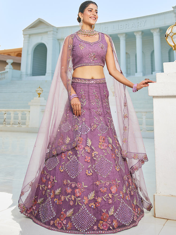 Purple net with Coding & Zarkan embroidery Semi-Stitched Lehenga choli & Dupatta