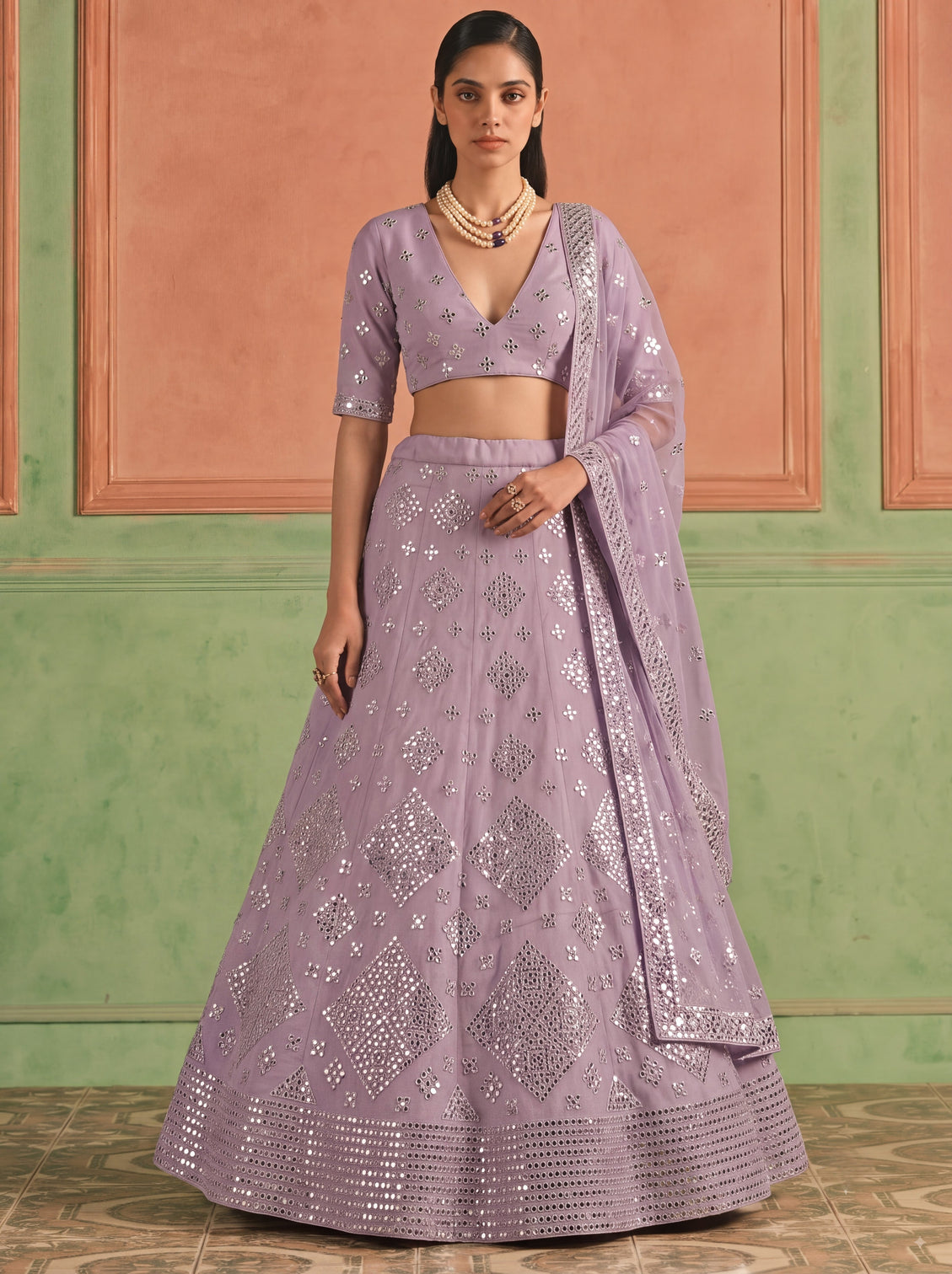 Purple Organza Embroidered Foil Mirror Work Lehenga Choli