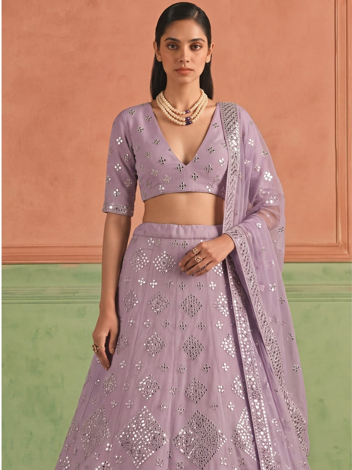 Purple Organza Embroidered Foil Mirror Work Lehenga Choli