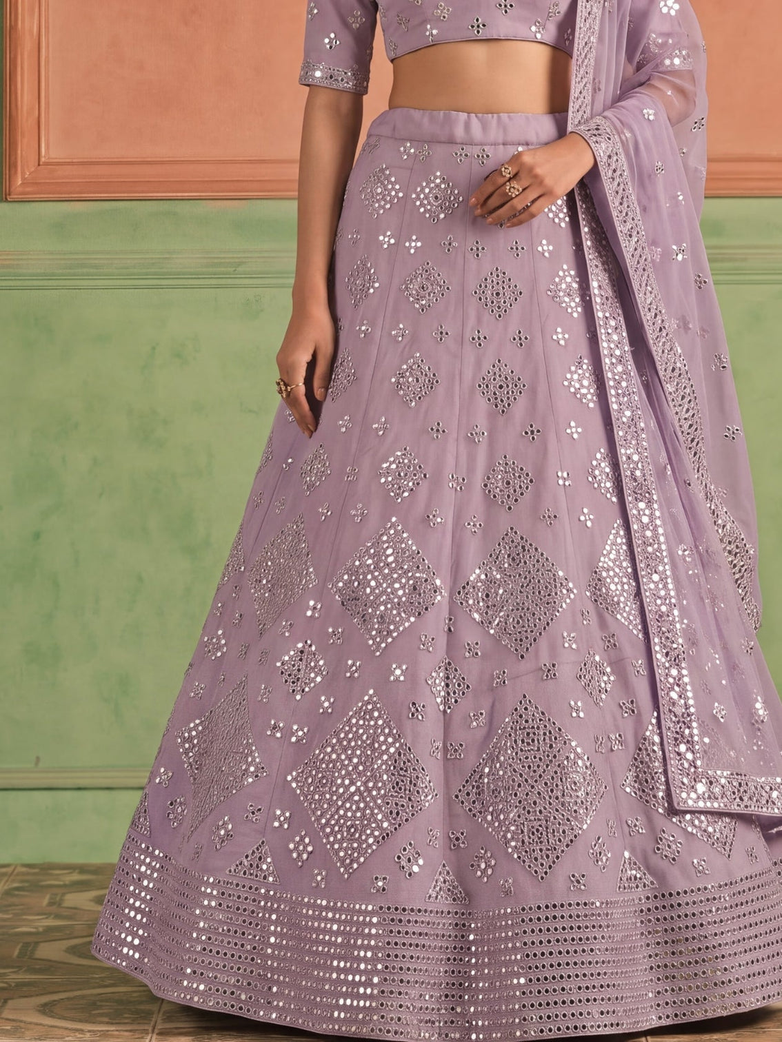 Purple Organza Embroidered Foil Mirror Work Lehenga Choli