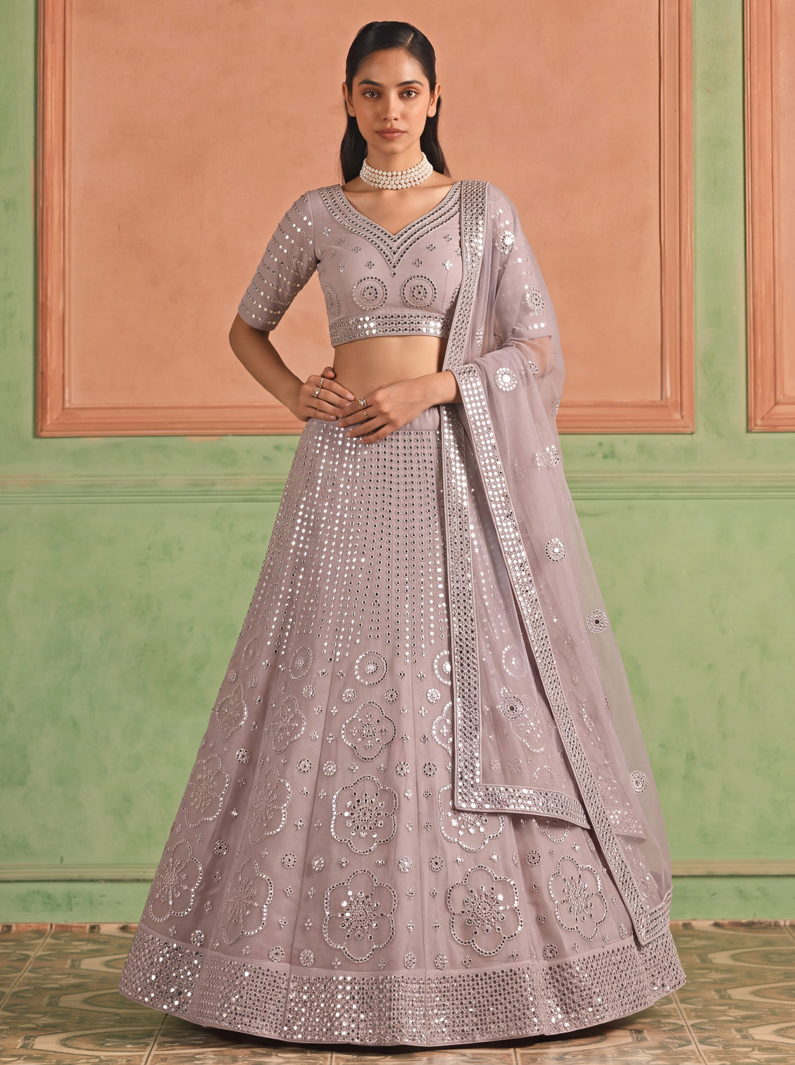 Purple Organza Embroidered Foil Mirror Work Lehenga Choli