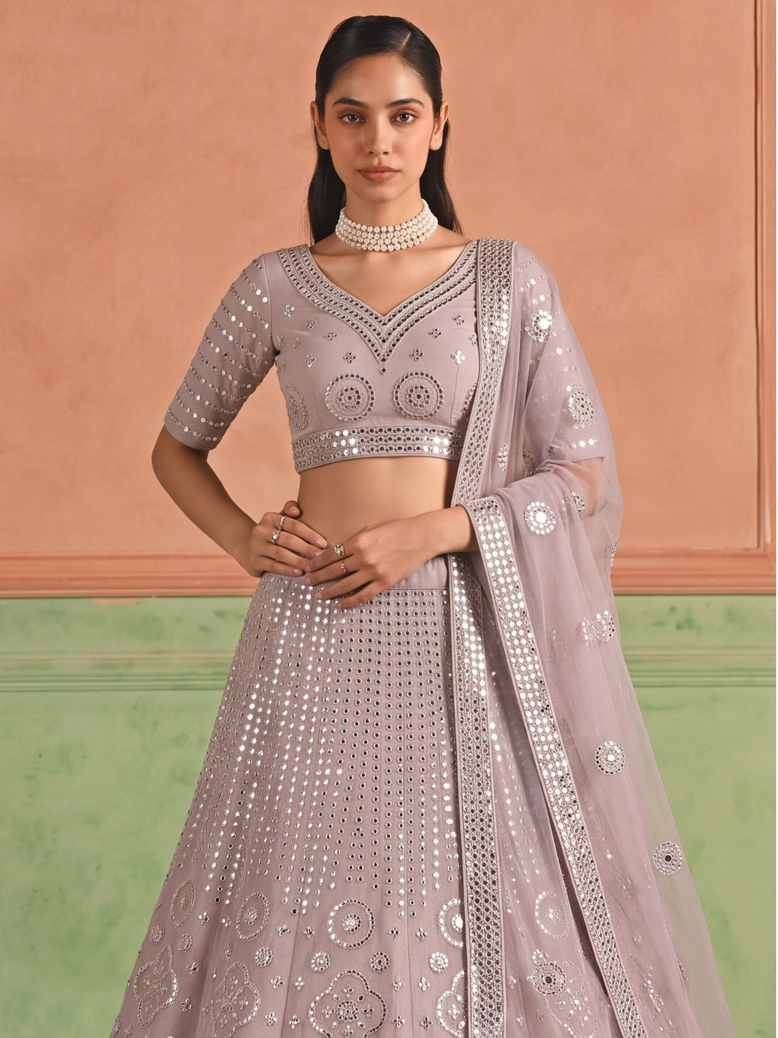 Purple Organza Embroidered Foil Mirror Work Lehenga Choli