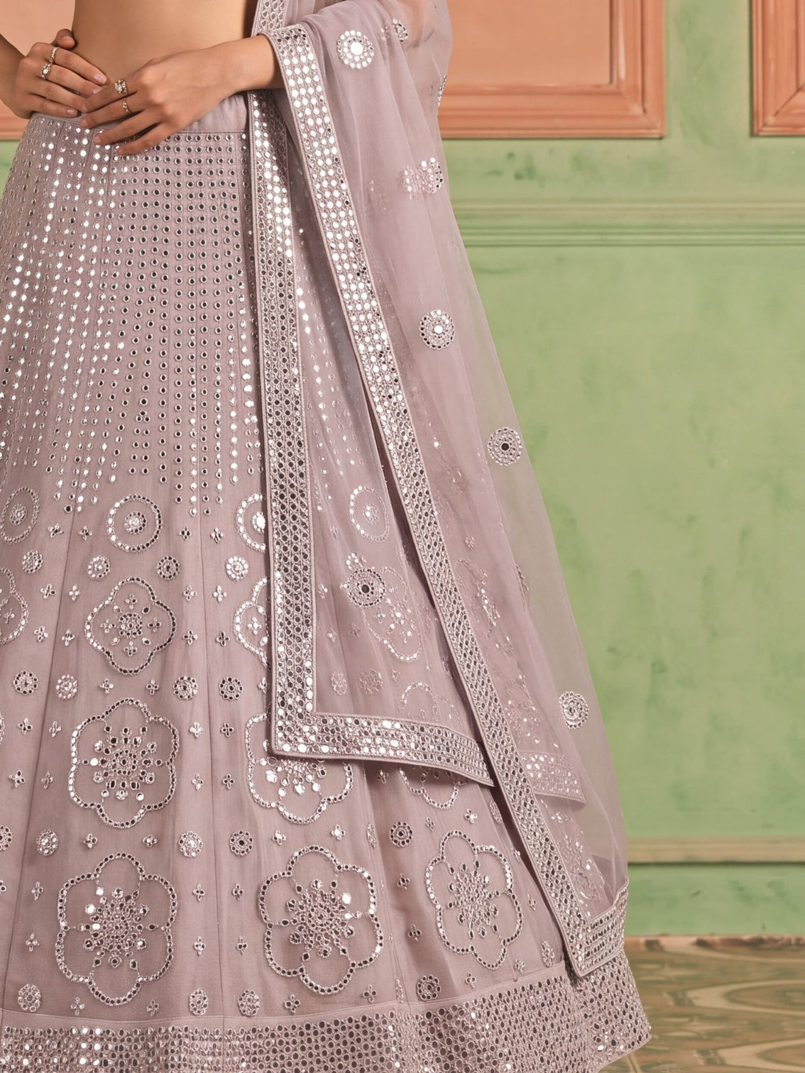 Purple Organza Embroidered Foil Mirror Work Lehenga Choli