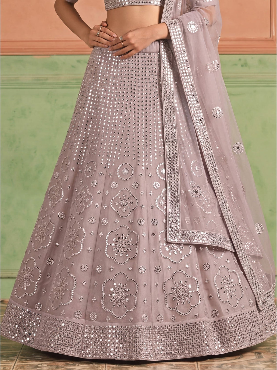 Purple Organza Embroidered Foil Mirror Work Lehenga Choli