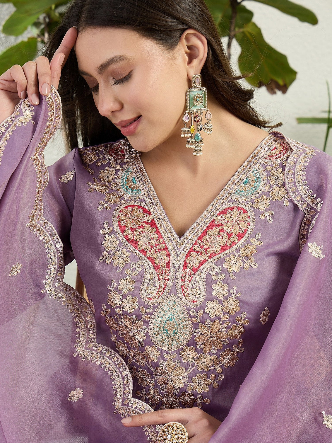 Purple Organza Embroidered Palazzo Set