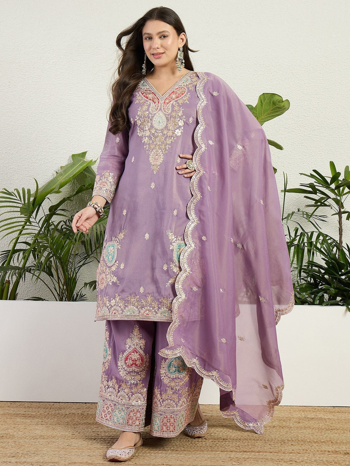 Purple Organza Embroidered Palazzo Set