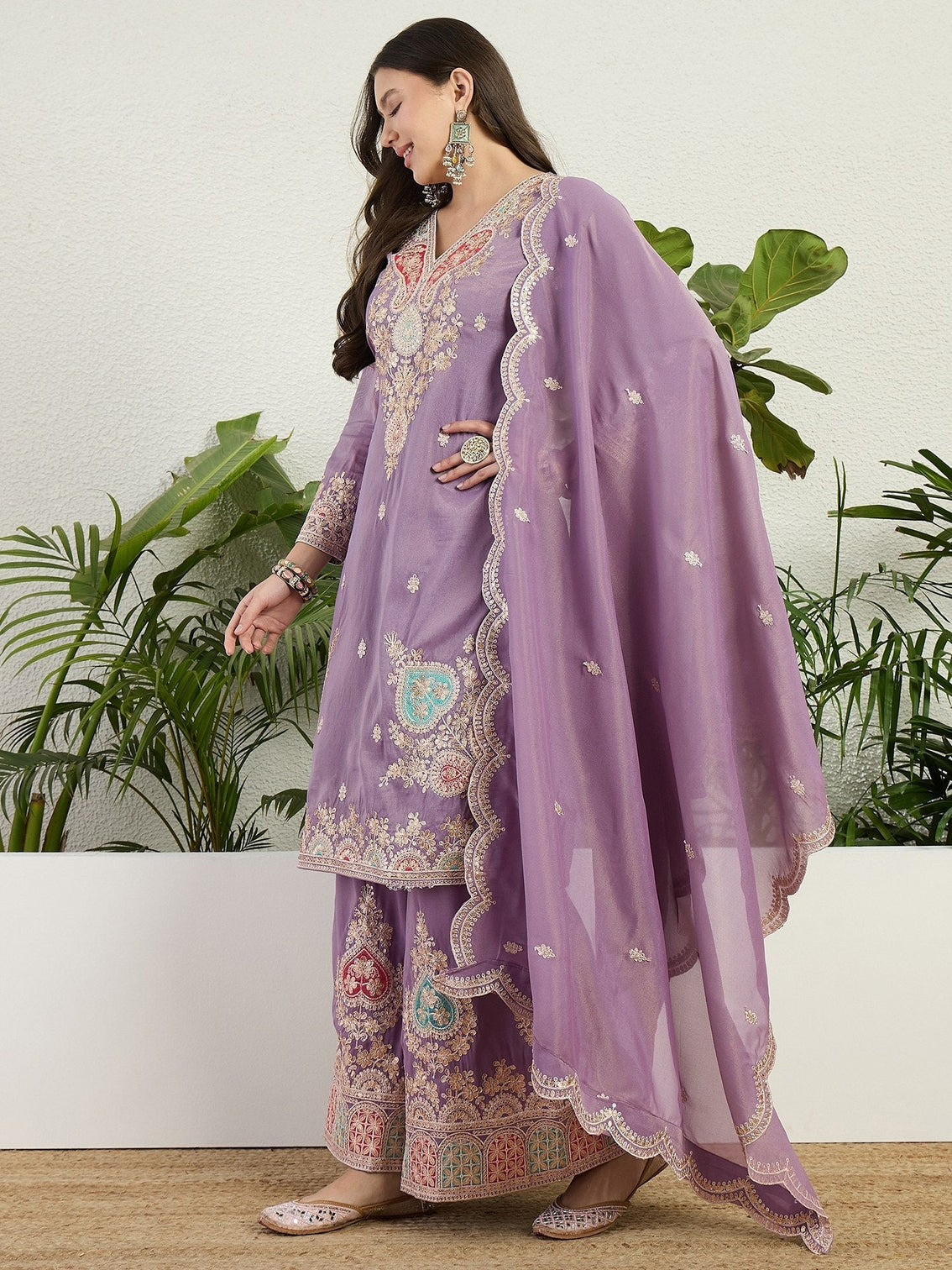 Purple Organza Embroidered Palazzo Set
