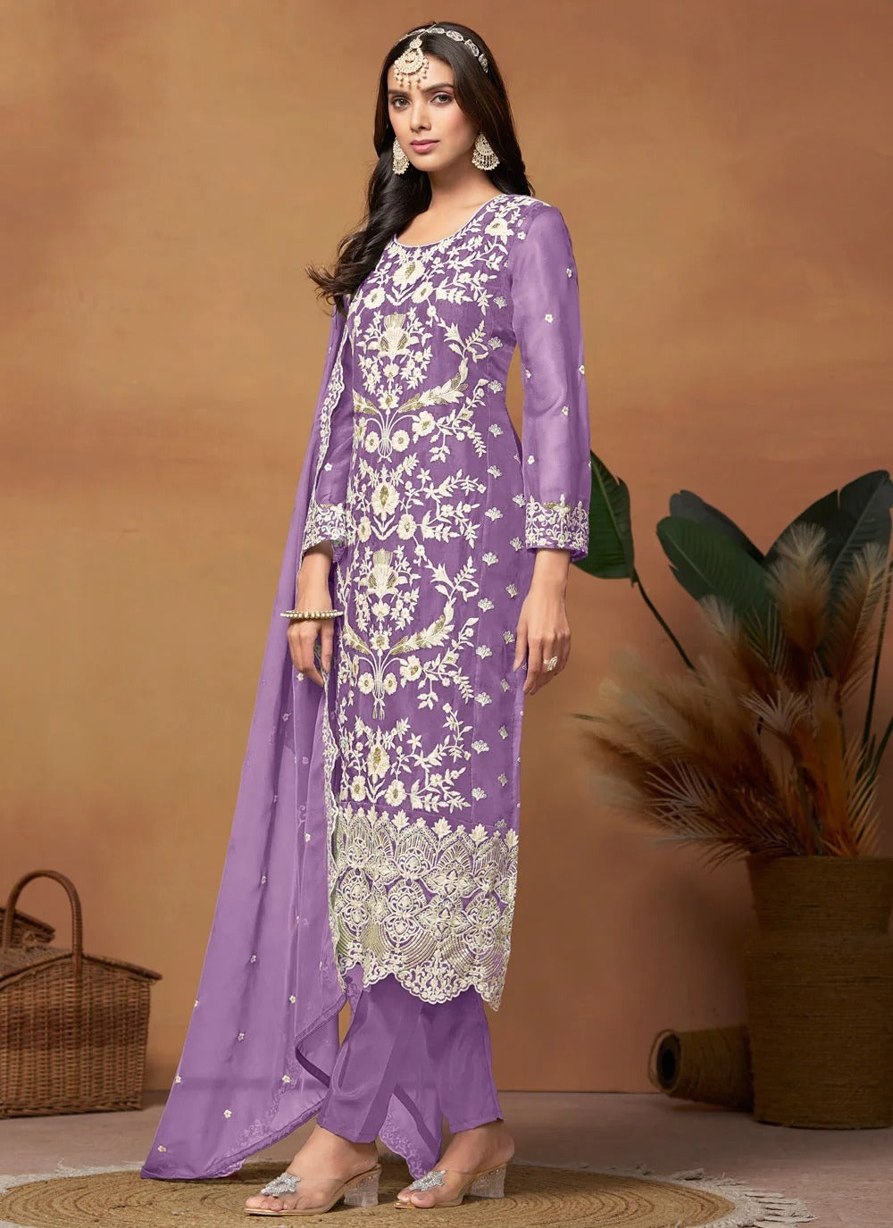 Graceful purple pakistani plus size suit in organza with embroidery work