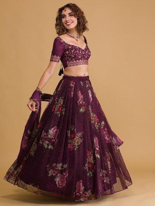 Purple Organza printed embroidered Flared Lehenga choli