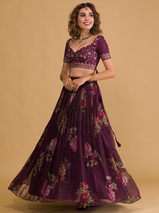 Purple Organza printed embroidered Flared Lehenga choli