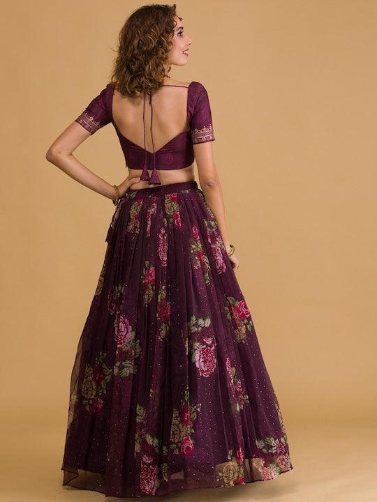 Purple Organza printed embroidered Flared Lehenga choli