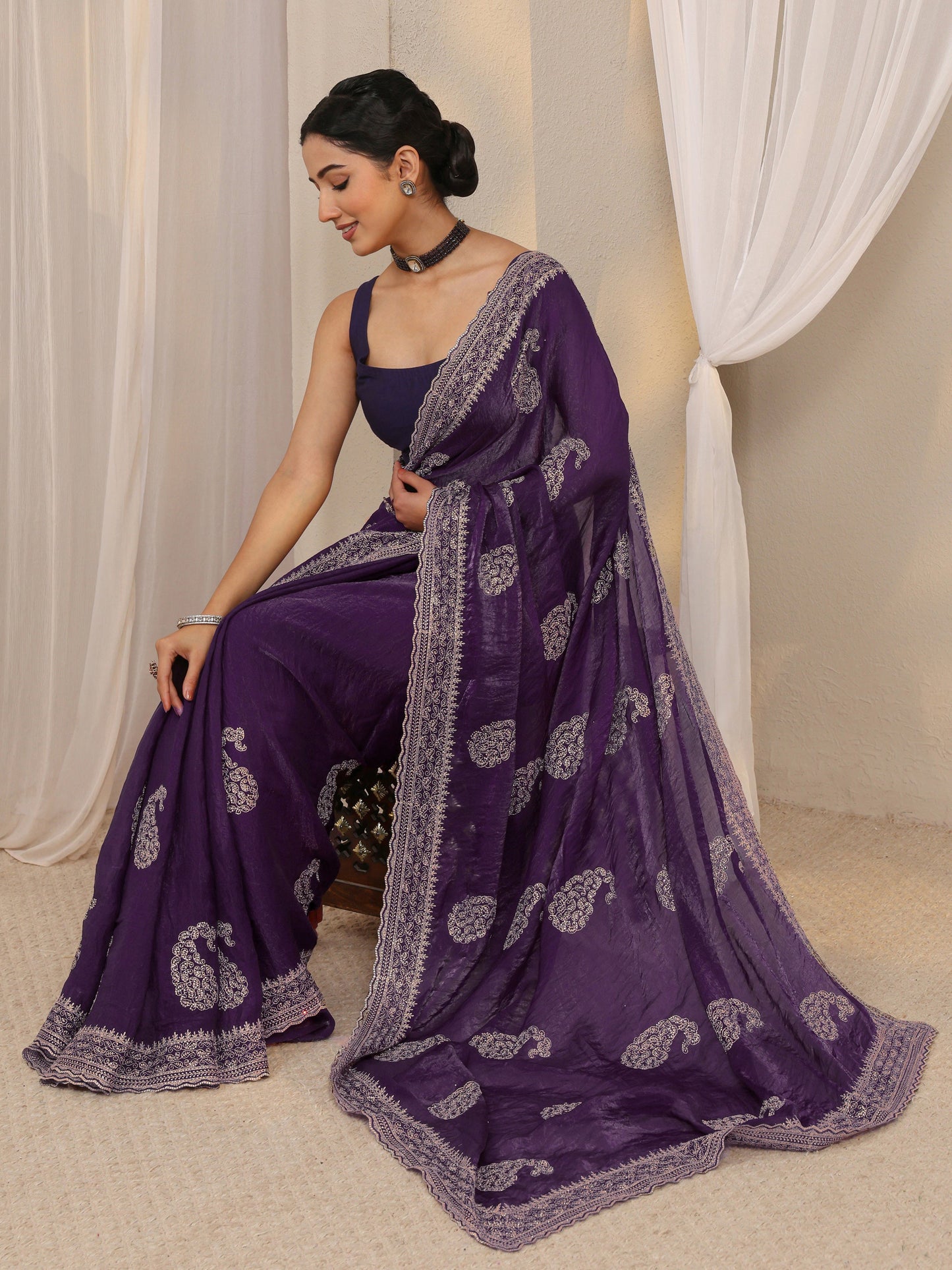 Libas Purple Paisley Embellished Tissue Saree With Unstitched Blouse Piece