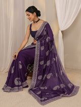 Libas Purple Paisley Embellished Tissue Saree With Unstitched Blouse Piece