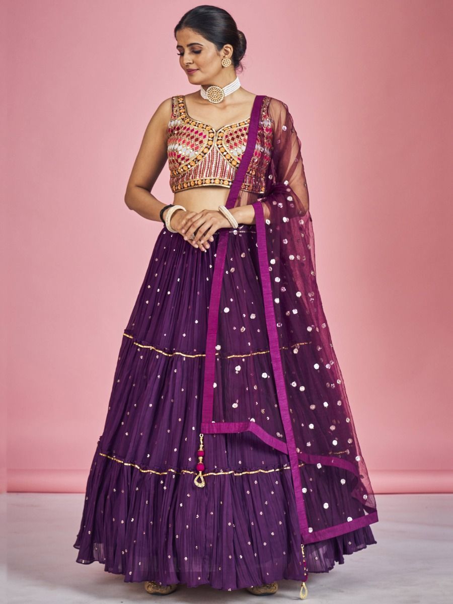 Purple Pakistani Georgette Lehenga Choli For Indian Festivals & Weddings - Sequence Embroidery Work, Thread Embroidery Work, Mirror Work