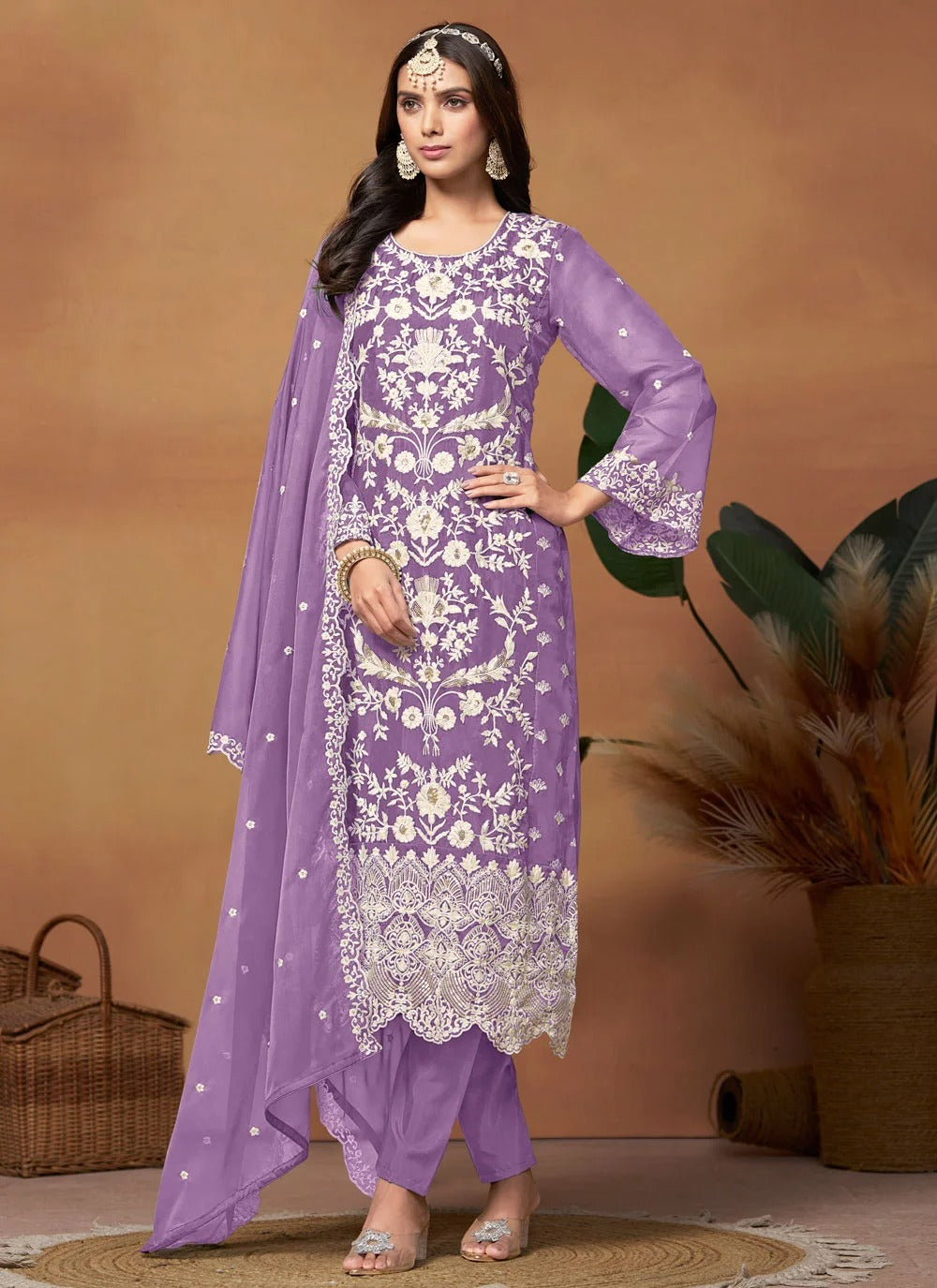 Graceful purple pakistani plus size suit in organza with embroidery work