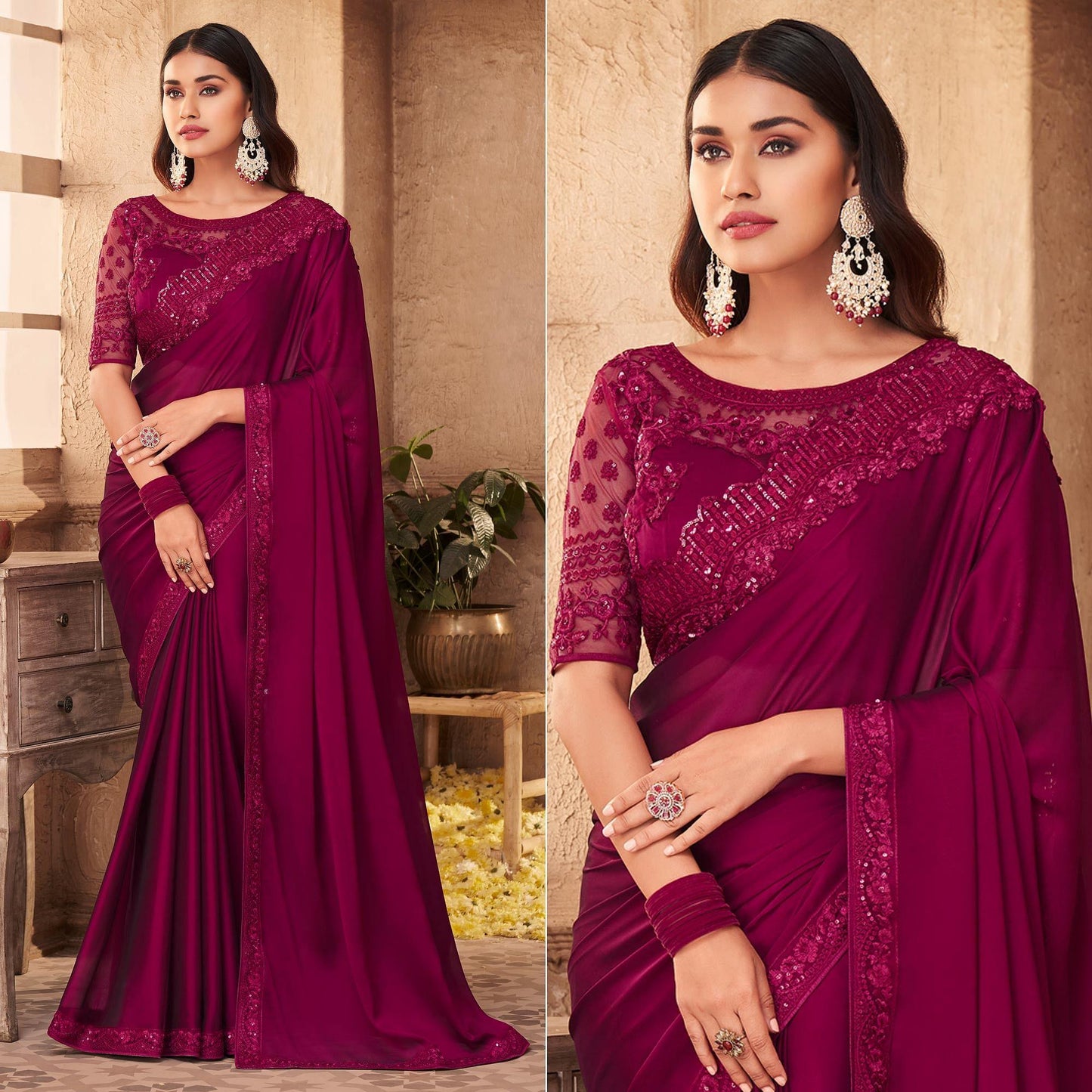 Purple Partywear Embroidered Silk Saree