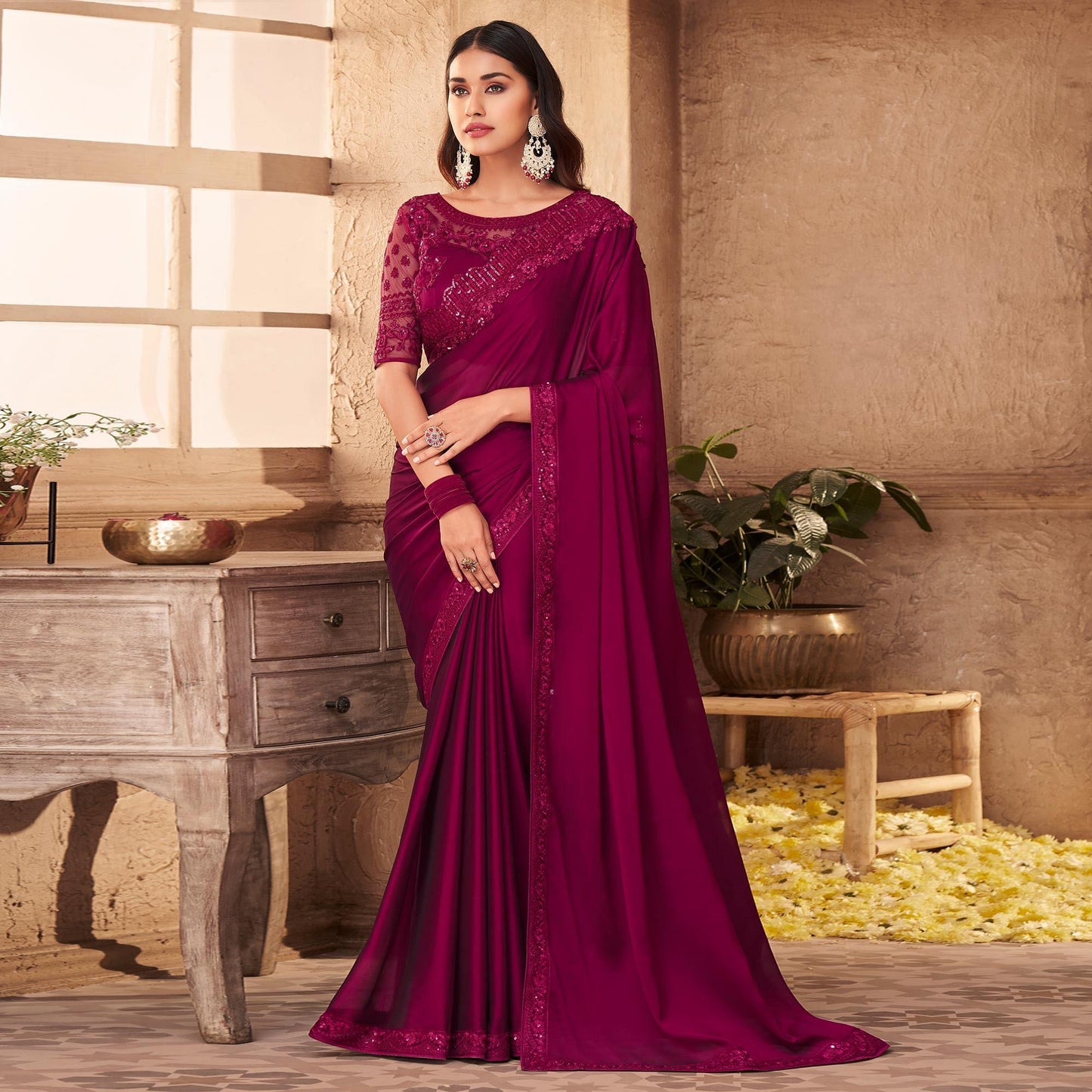 Purple Partywear Embroidered Silk Saree