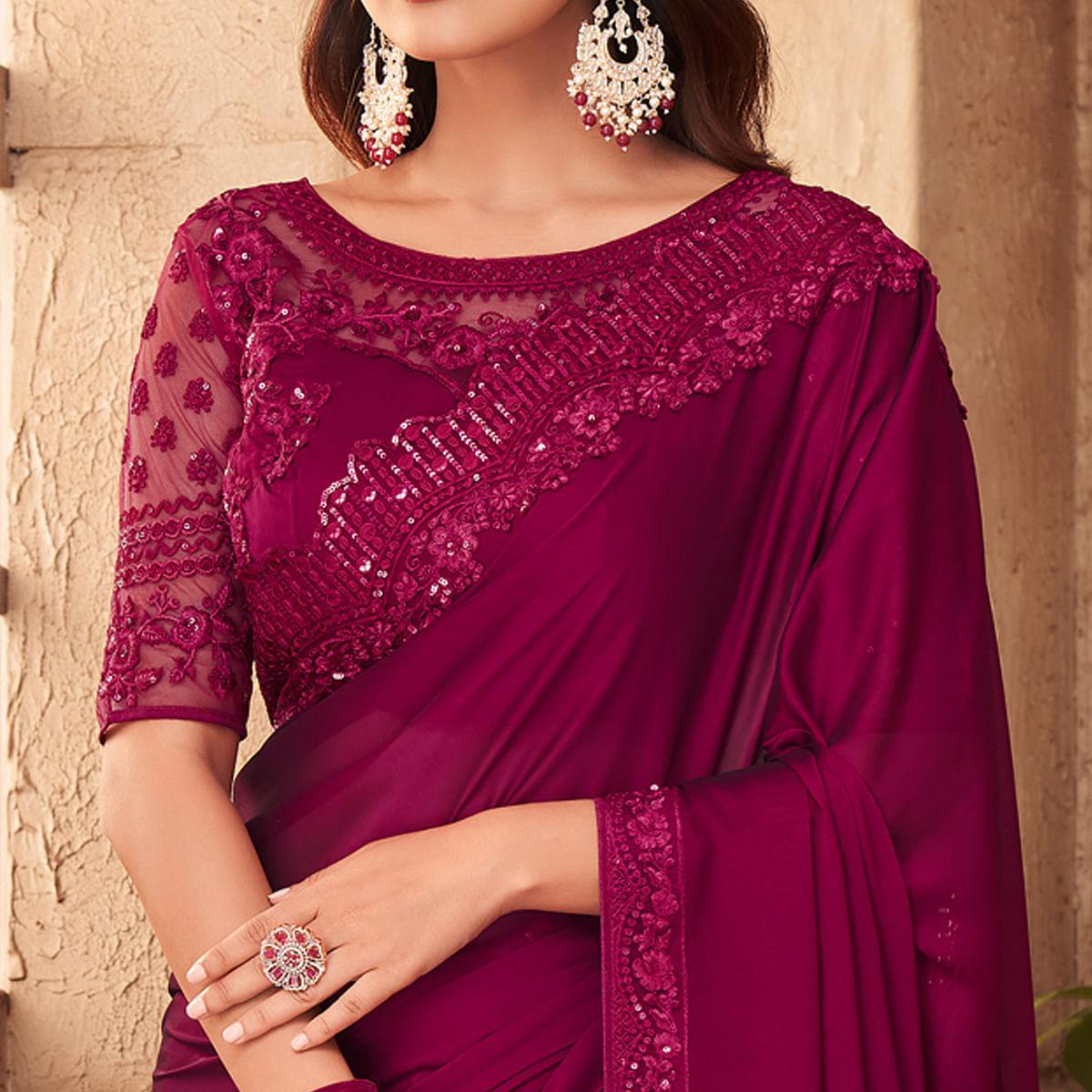 Purple Partywear Embroidered Silk Saree