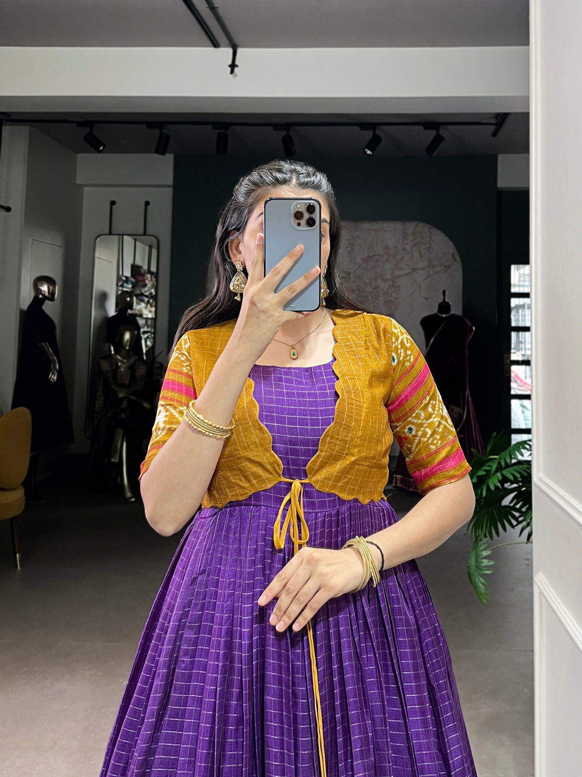 Purple Patola Print Tasar Chex Gown with Matching Koti – Stitched Ethnic Wear Set with Weaving Border & Micro Cotton Lining