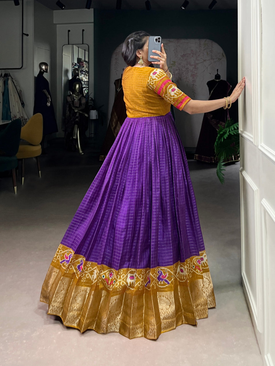 Purple Patola Print Tasar Chex Gown with Matching Koti – Stitched Ethnic Wear Set with Weaving Border & Micro Cotton Lining