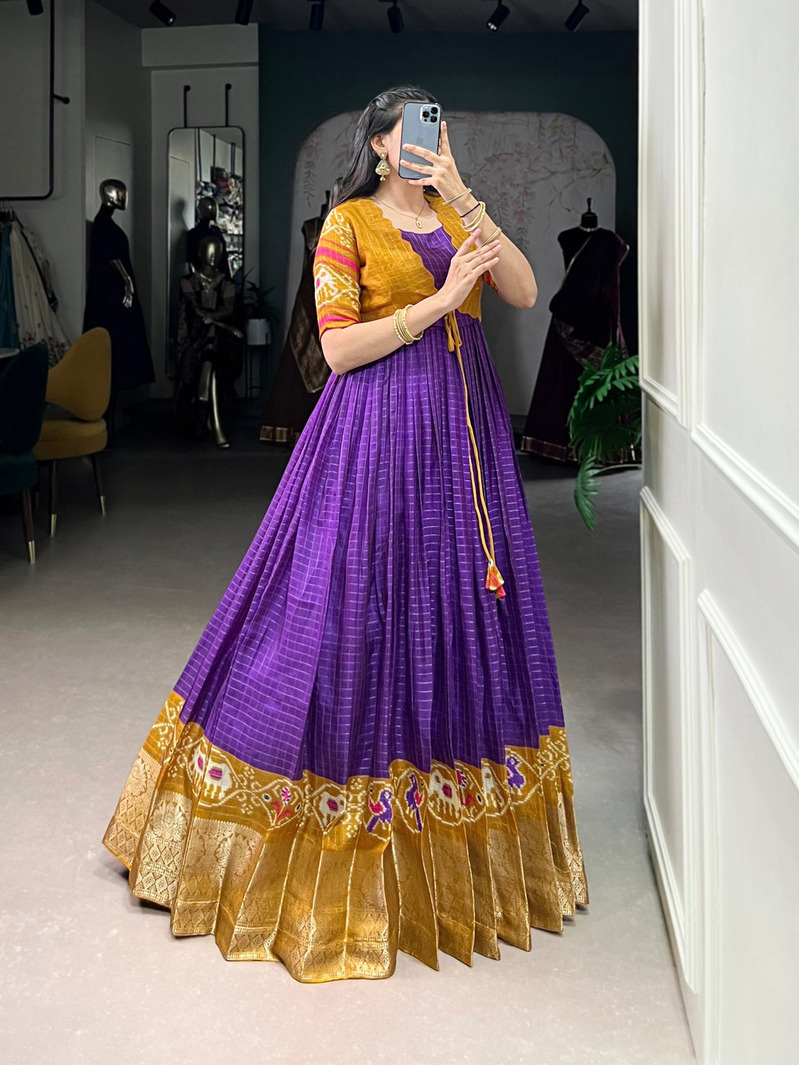 Purple Patola Print Tasar Chex Gown with Matching Koti – Stitched Ethnic Wear Set with Weaving Border & Micro Cotton Lining