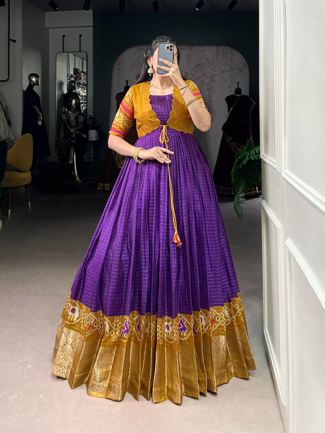 Purple Patola Print Tasar Chex Gown with Matching Koti – Stitched Ethnic Wear Set with Weaving Border & Micro Cotton Lining