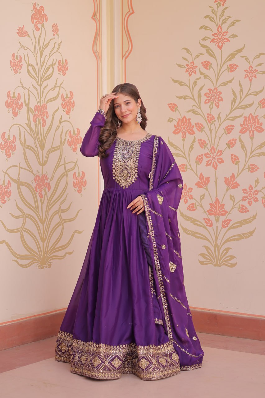 Purple Elegant Star Georgette Gown with Zari & Sequins Embroidery and Designer Dupatta