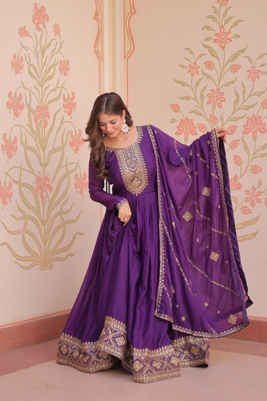 Purple Elegant Star Georgette Gown with Zari & Sequins Embroidery and Designer Dupatta