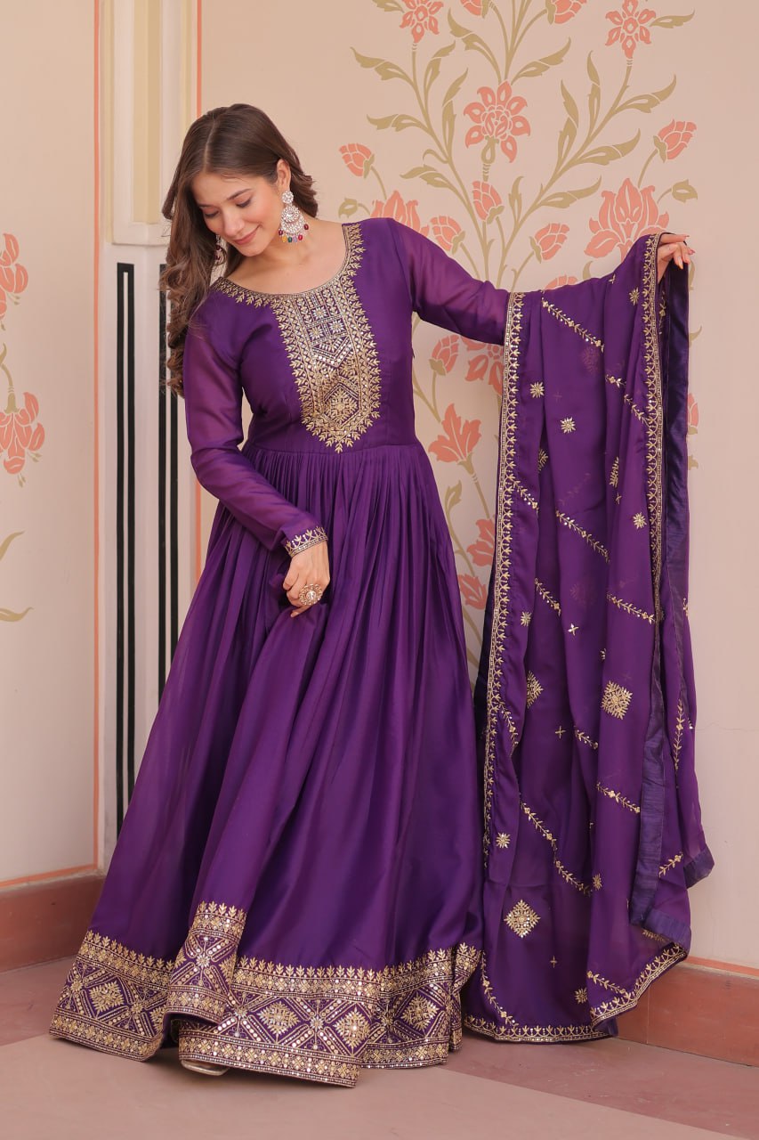 Purple Elegant Star Georgette Gown with Zari & Sequins Embroidery and Designer Dupatta
