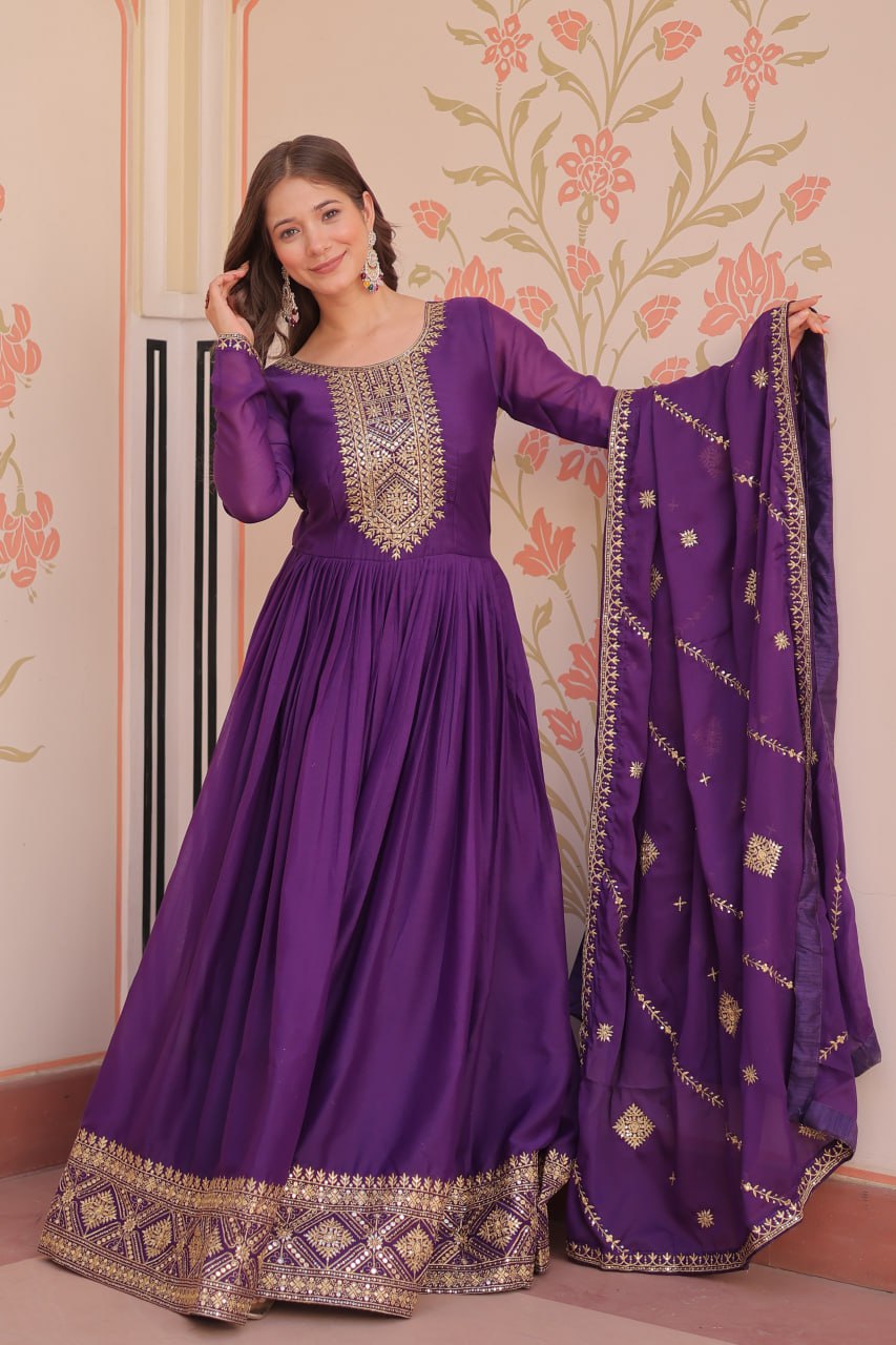 Purple Elegant Star Georgette Gown with Zari & Sequins Embroidery and Designer Dupatta