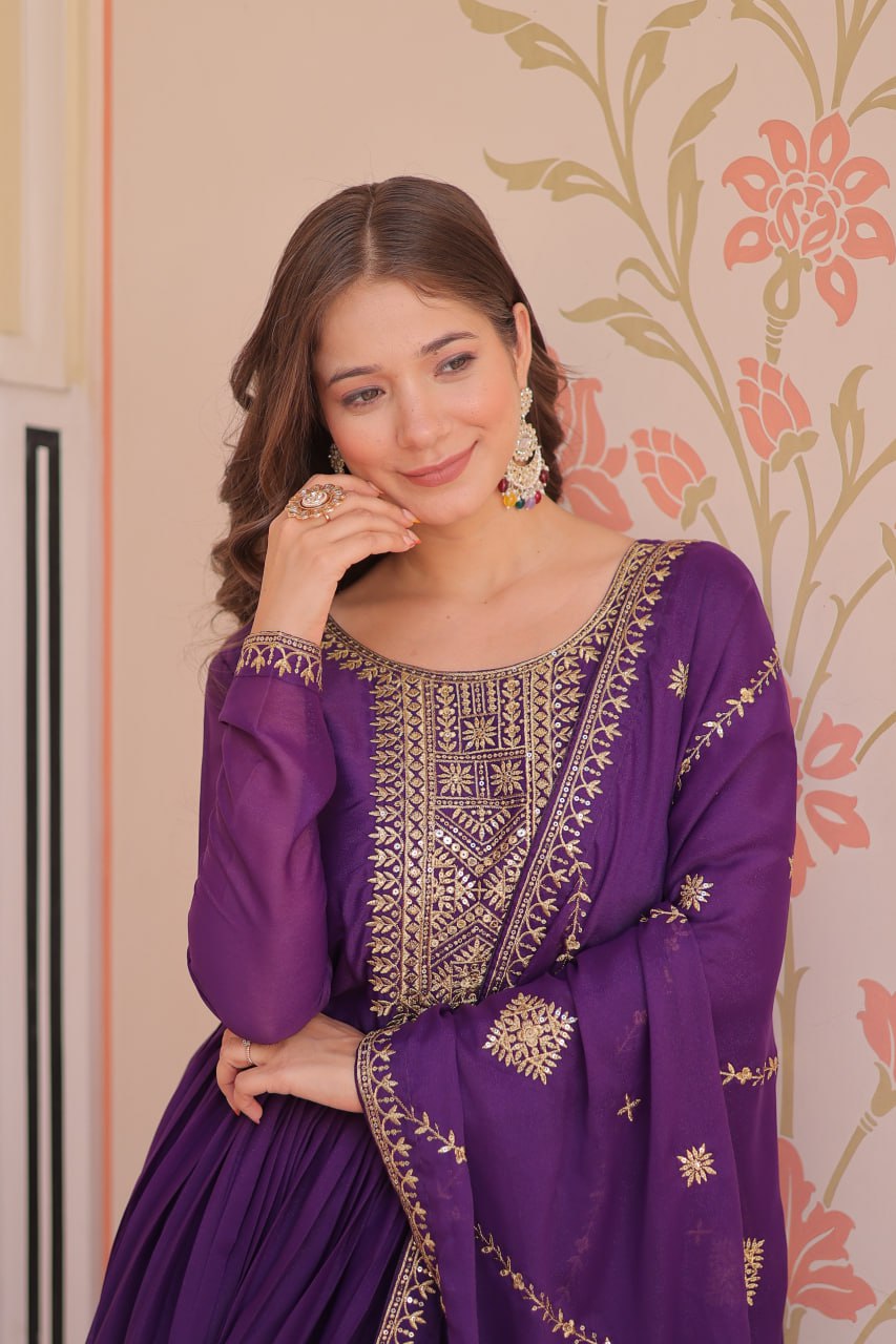 Purple Elegant Star Georgette Gown with Zari & Sequins Embroidery and Designer Dupatta