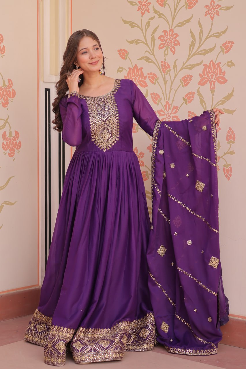 Purple Elegant Star Georgette Gown with Zari & Sequins Embroidery and Designer Dupatta