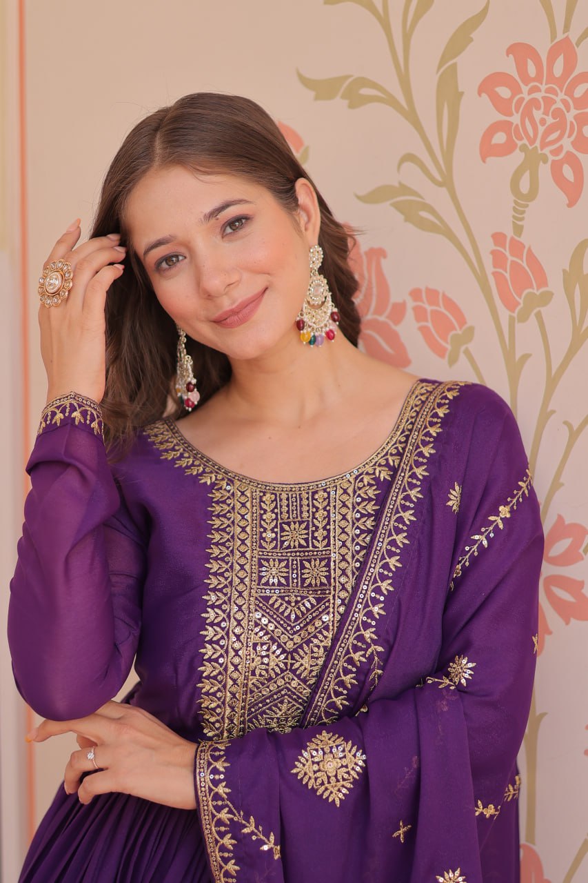 Purple Elegant Star Georgette Gown with Zari & Sequins Embroidery and Designer Dupatta