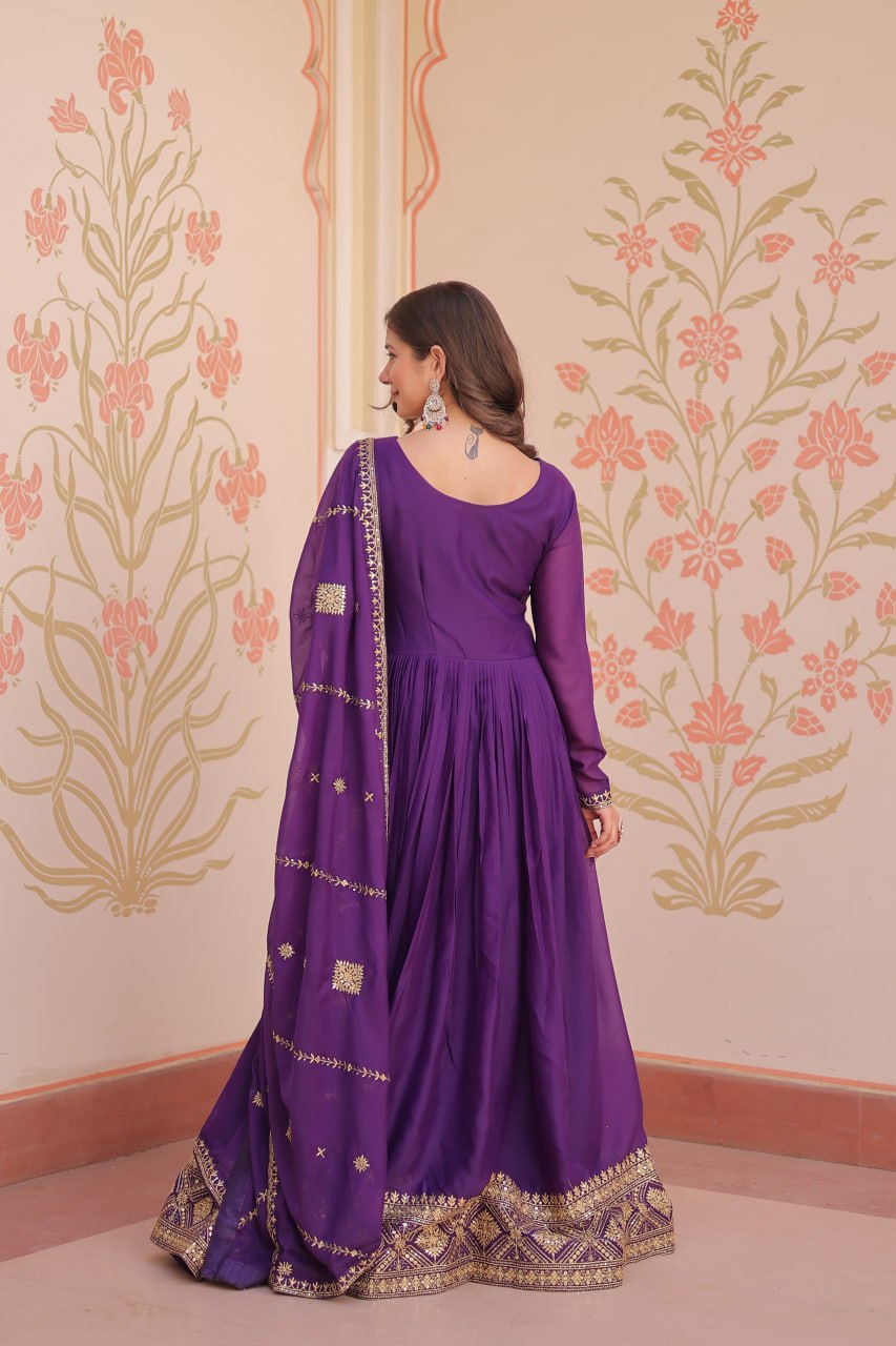Purple Elegant Star Georgette Gown with Zari & Sequins Embroidery and Designer Dupatta
