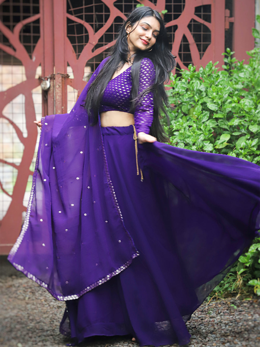 Purple Color Plain Georgette Lehenga Choli With Dupatta