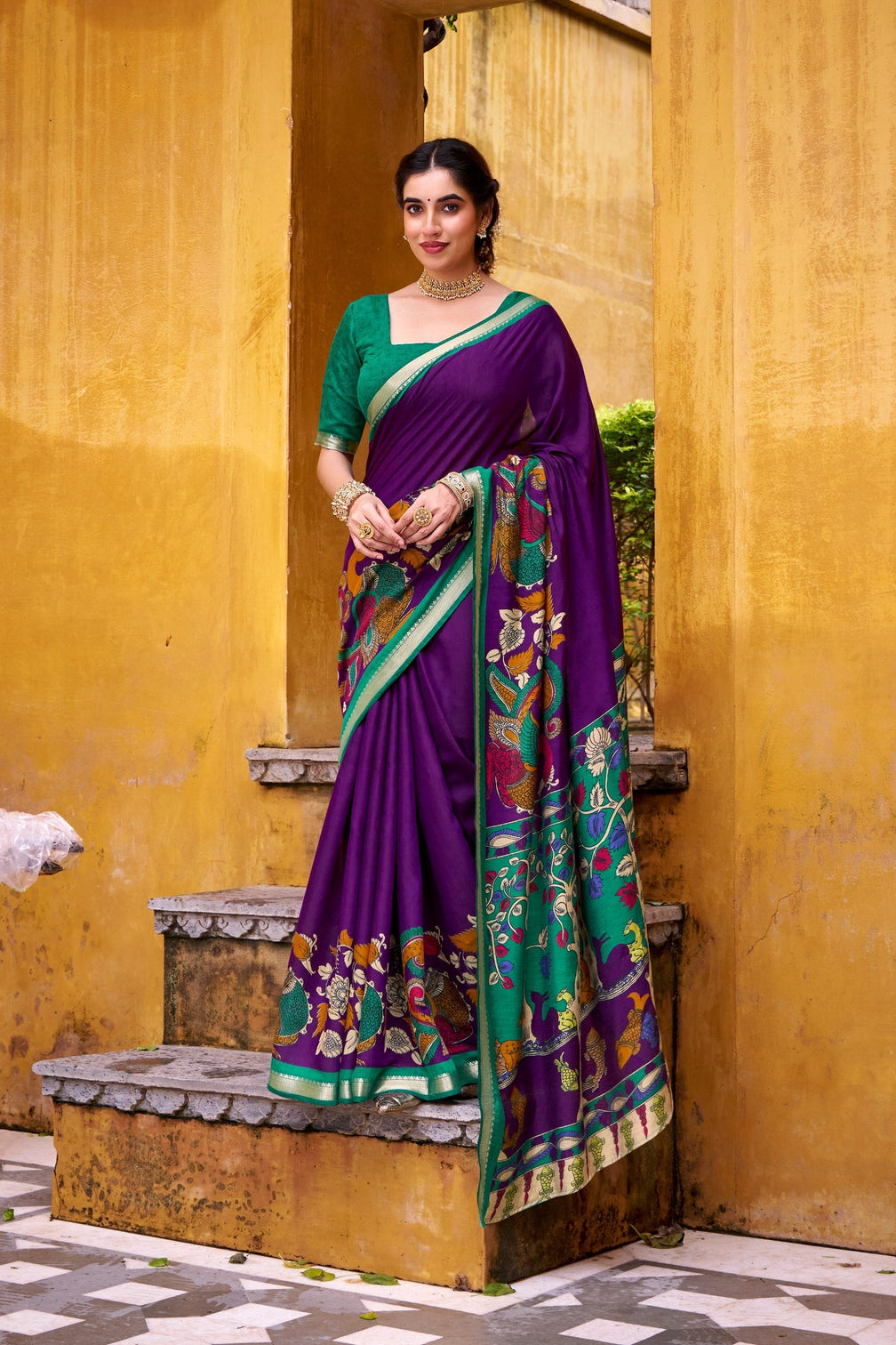 Purple Polyester Viscose Chanderi Saree with Kalamkari Print & Zari Weaving