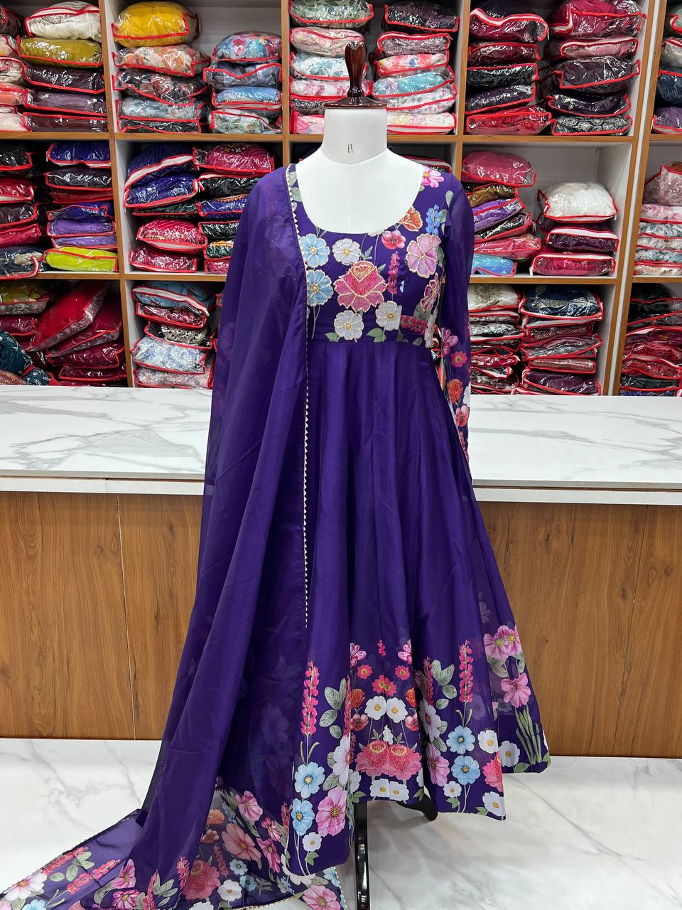 Purple Premium Bandhej Chiffon Anarkali Set
