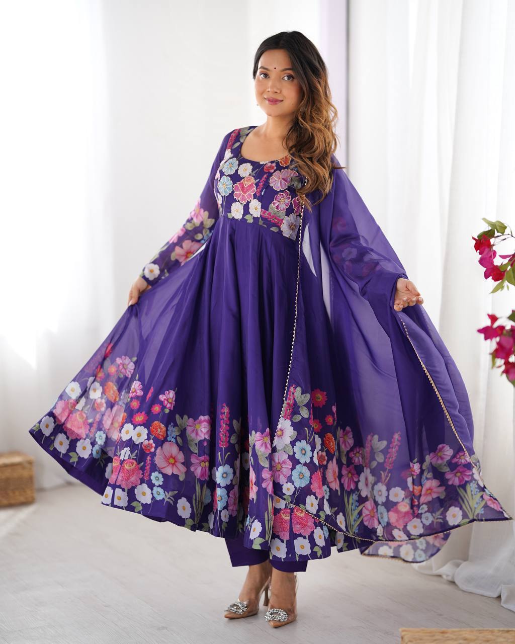 Purple Premium Bandhej Chiffon Anarkali Set