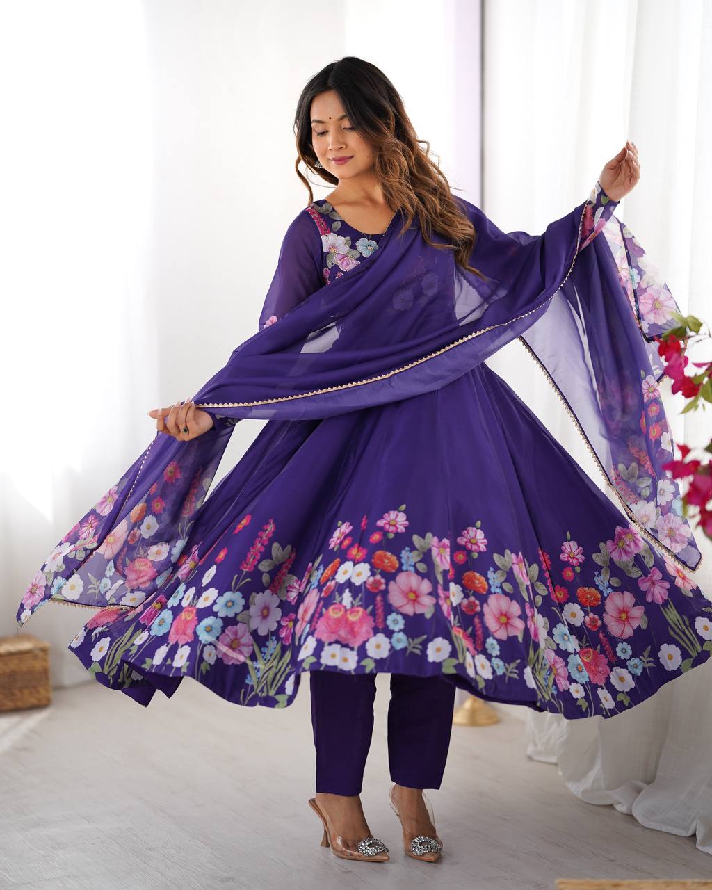 Purple Premium Bandhej Chiffon Anarkali Set