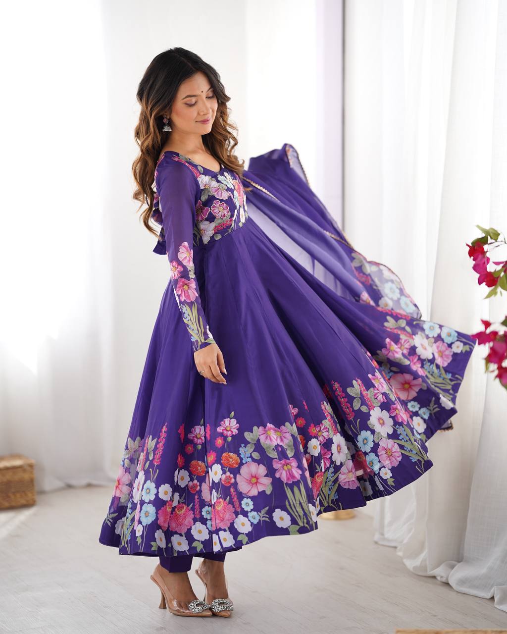 Purple Premium Bandhej Chiffon Anarkali Set