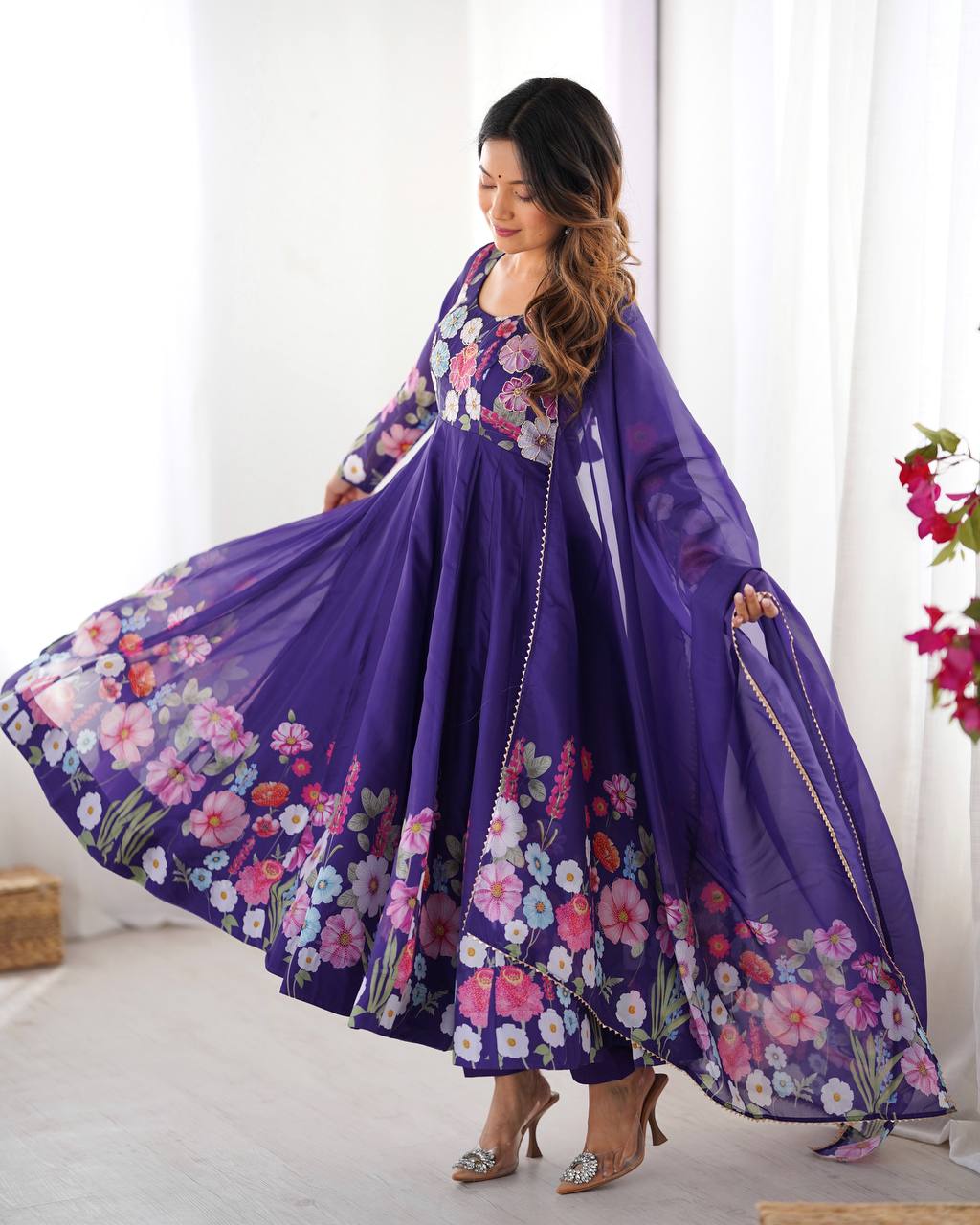 Purple Premium Bandhej Chiffon Anarkali Set