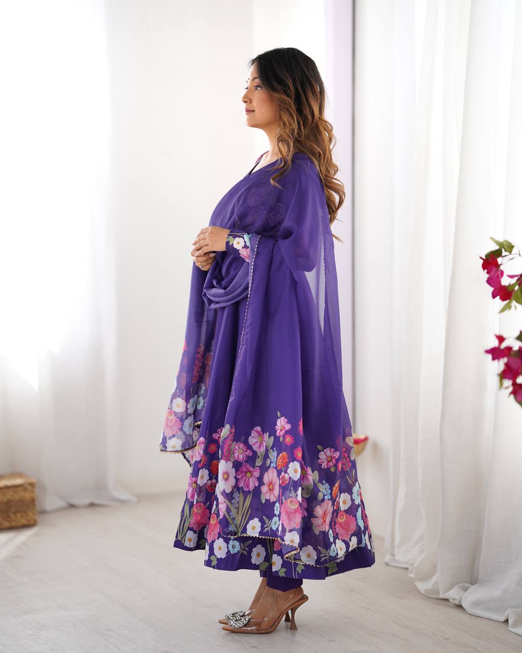 Purple Premium Bandhej Chiffon Anarkali Set