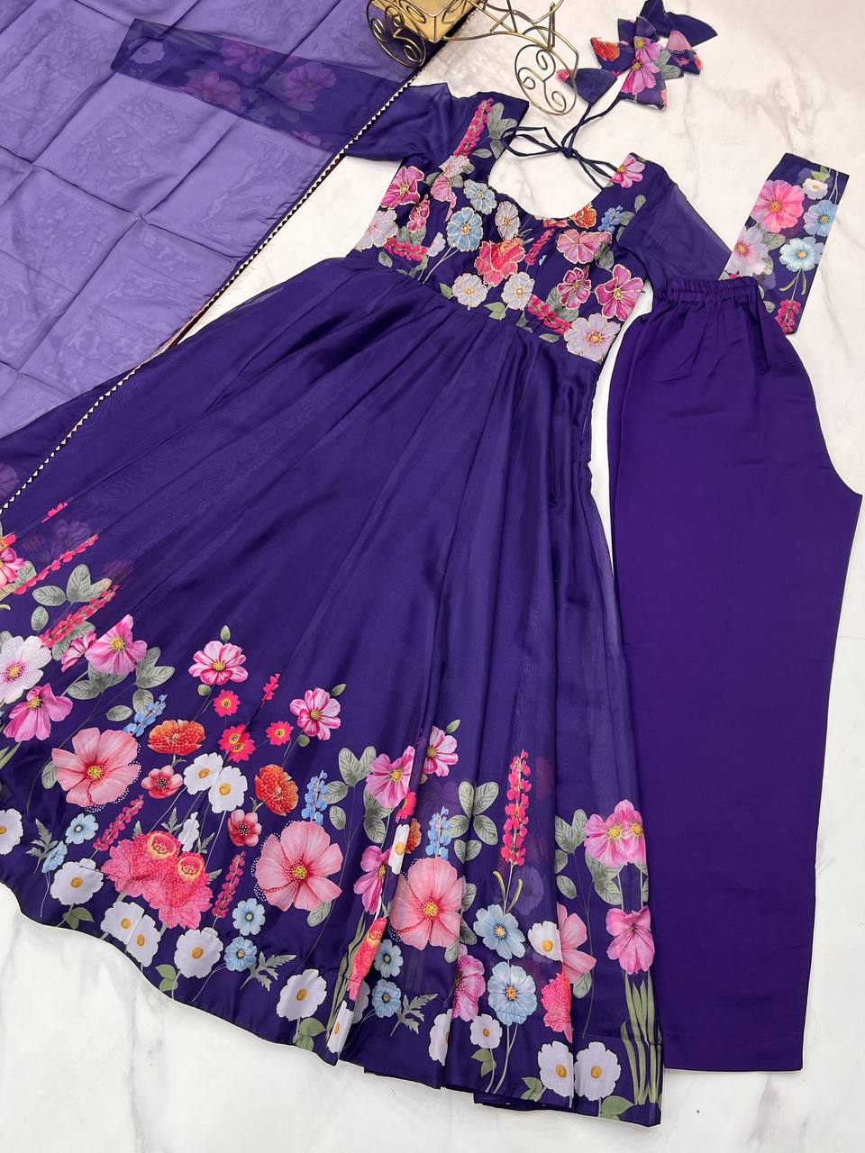 Purple Premium Bandhej Chiffon Anarkali Set