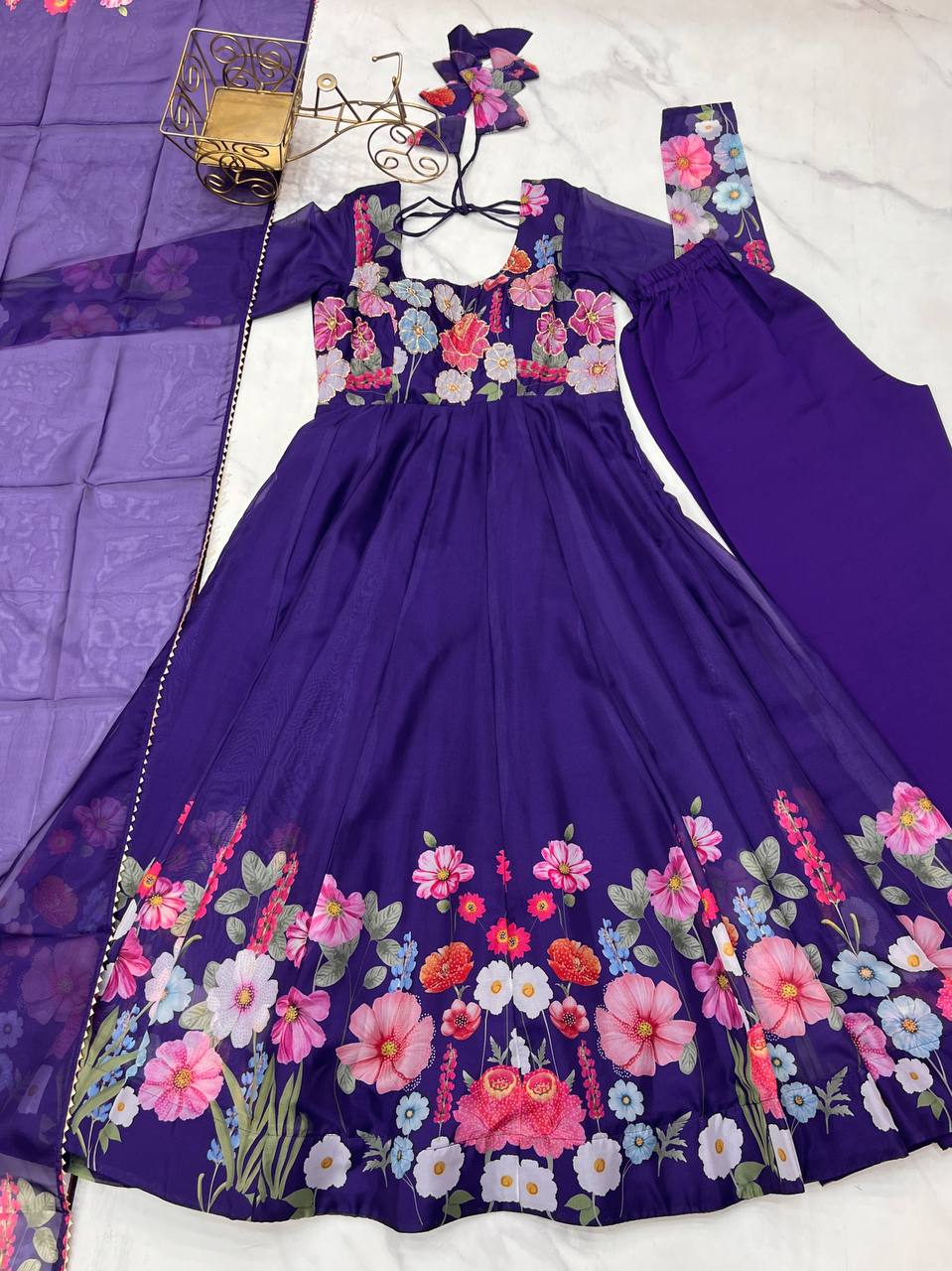 Purple Premium Bandhej Chiffon Anarkali Set