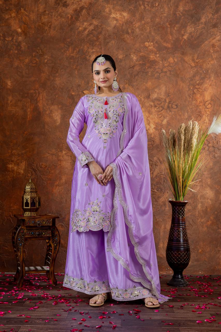 Purple Premium Designer Chinon Silk Party Wear Top, Plazzo & Dupatta Set