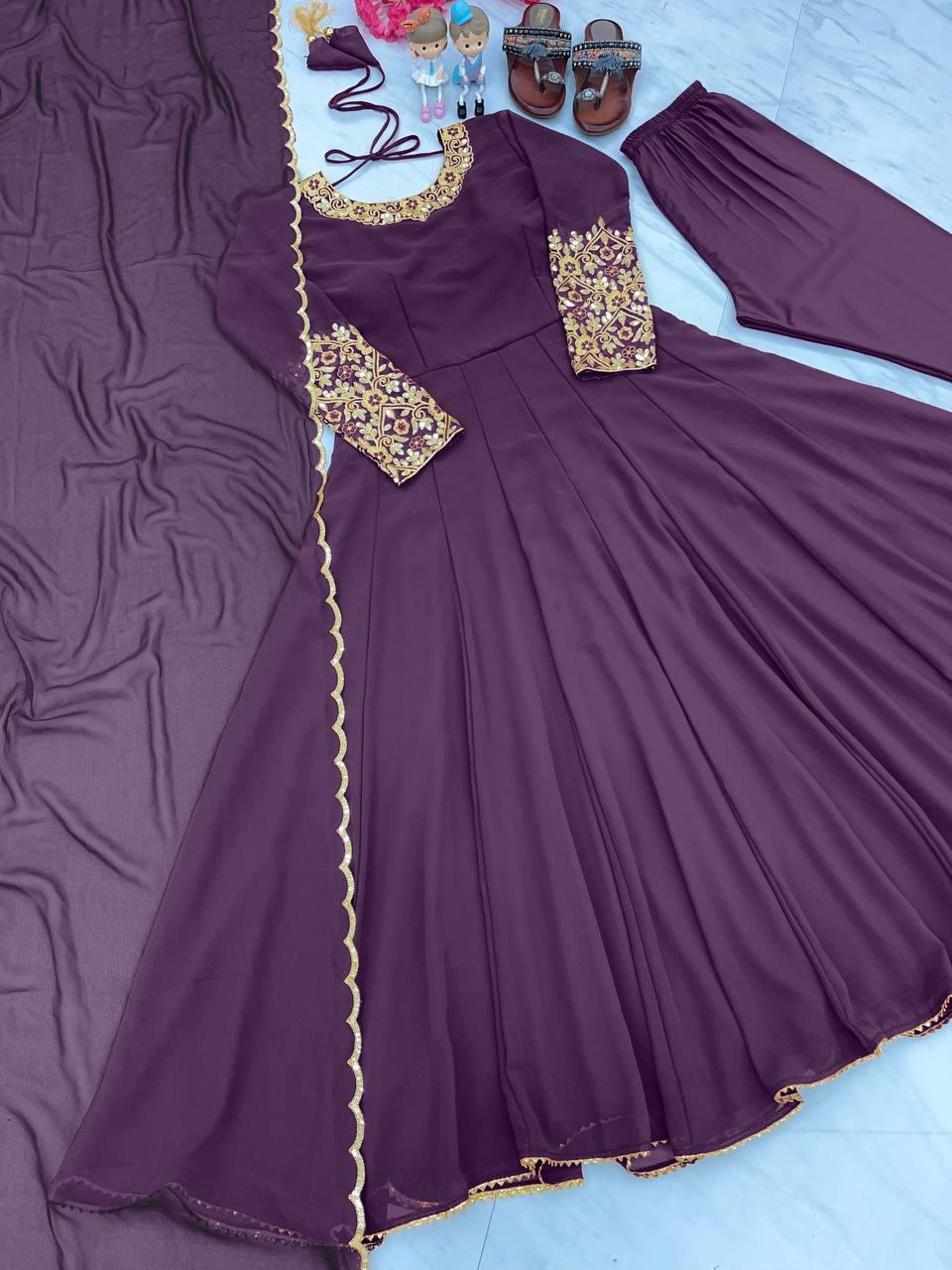 Purple Premium Designer Party Wear Anarkali Gown, Dupatta & Bottom Set