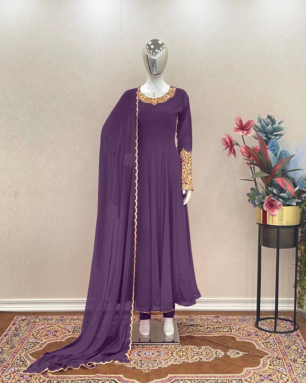 Purple Premium Designer Party Wear Anarkali Gown, Dupatta & Bottom Set
